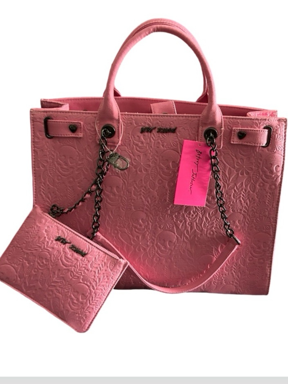 BETSEY JOHNSON XL PINK SUGAR SKULL & FLOWERS DOUBLE HANDLE/CHAIN STRAPS NWT - Picture 10 of 12